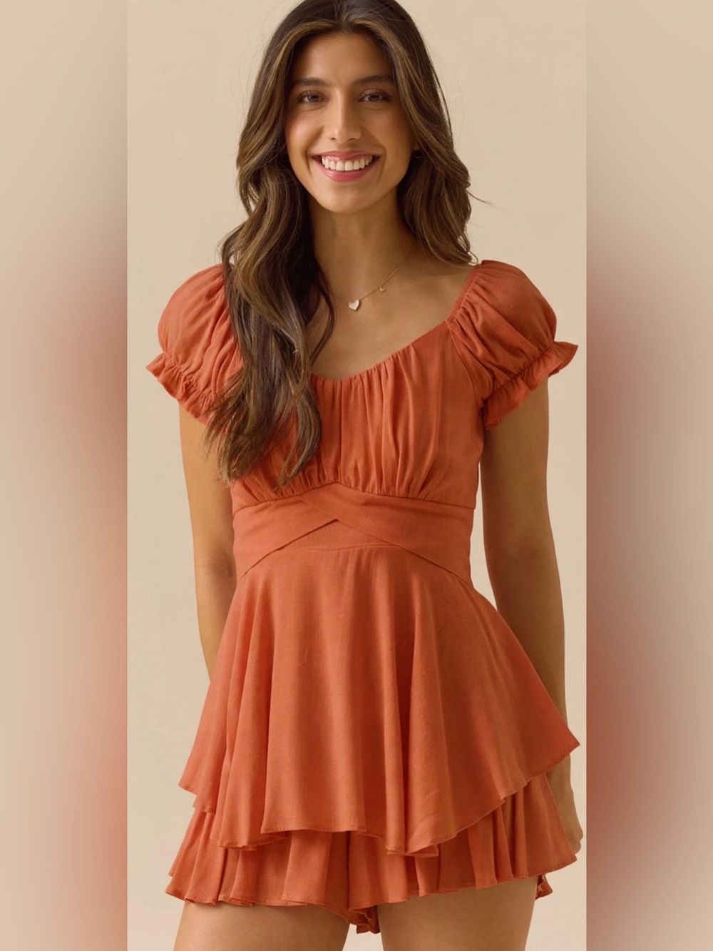 Altar’d State Haisley Double Layered Romper in Rust Terracotta Puff Sleeves Bow